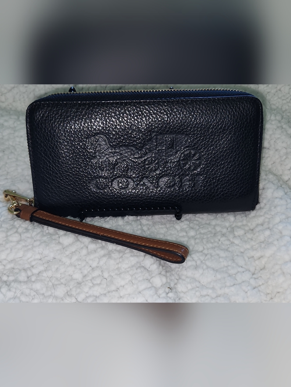 Coach Black Pebbled Leather Wallet/Wristlet with Brown Strap